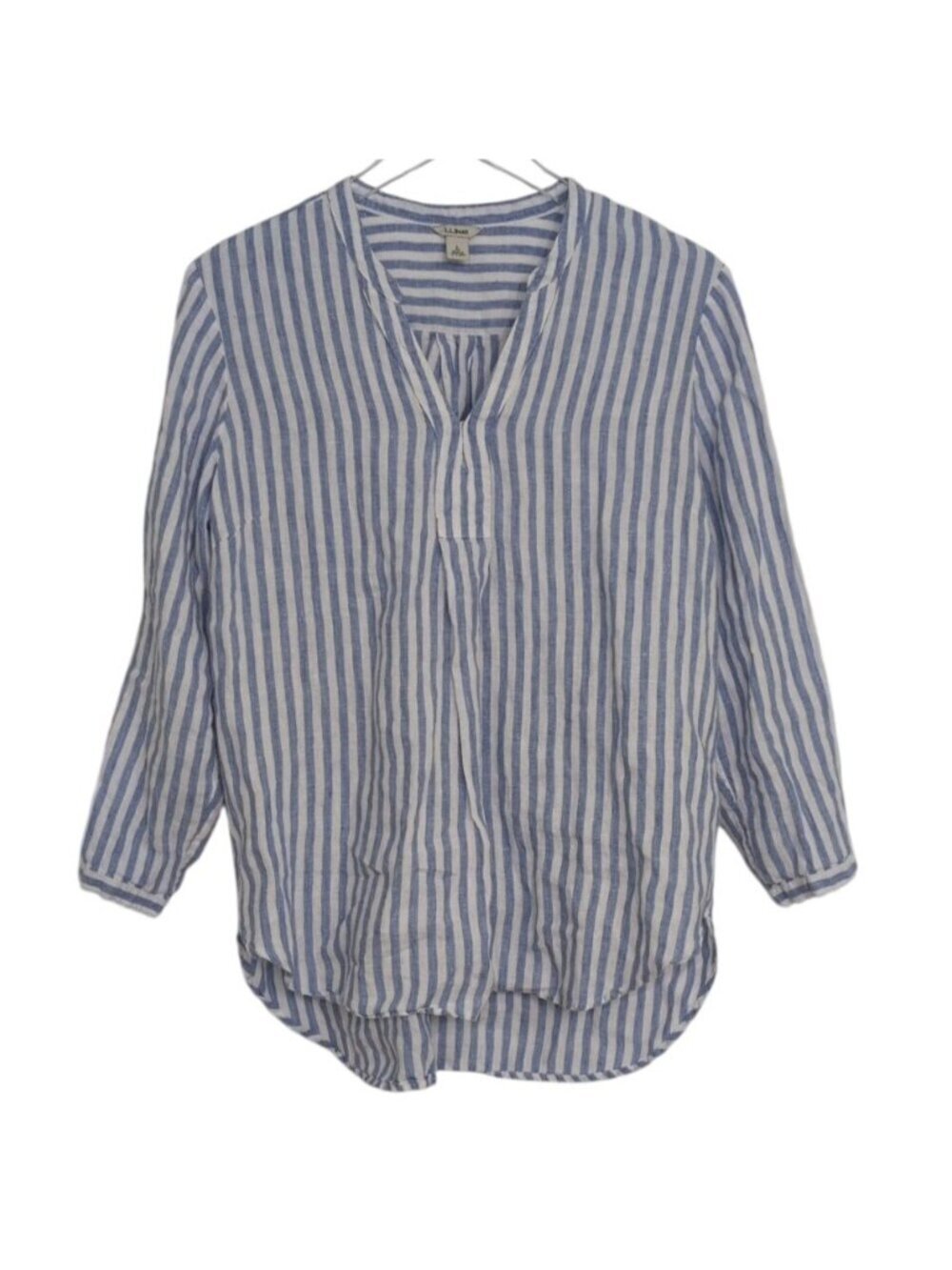 LL Bean 100% Linen Stripe Shirt Womens Petite Size Large Blue Coastal Nautical